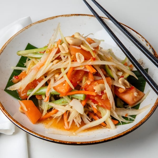 Osha Thai Kitchen's Som Tum, a vibrant papaya salad with tomatoes, green beans, and peanuts.