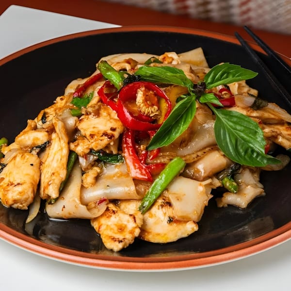 Osha Thai Kitchen's Pad See Ew with chicken, wide noodles, red peppers, and basil.