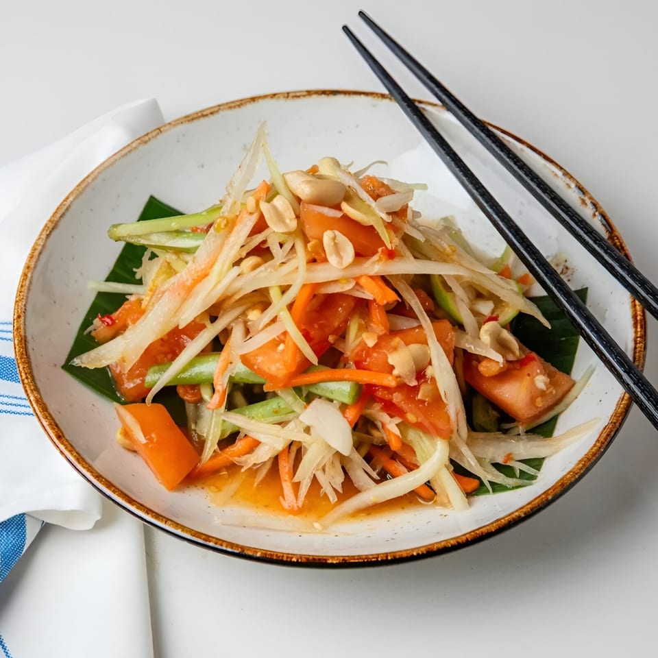 Osha Thai Kitchen's Som Tum (papaya salad) with peanuts, tomatoes, and green beans, served with chopsticks.