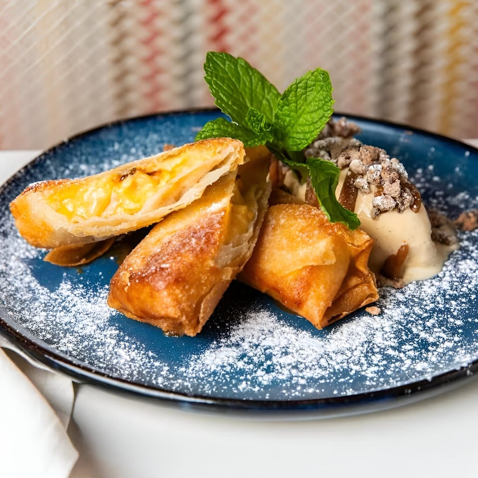 Crispy fried banana spring rolls with ice cream, mint, and powdered sugar on a blue plate.